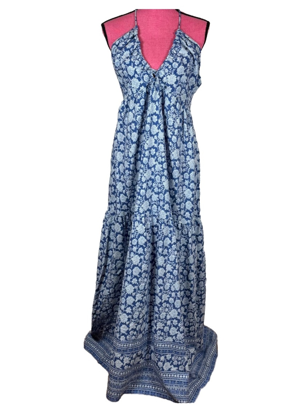 Sim & Sam Maxi Dress XL Blue White Floral Sundress V-Neck Strappy Coastal Boho - Picture 2 of 12